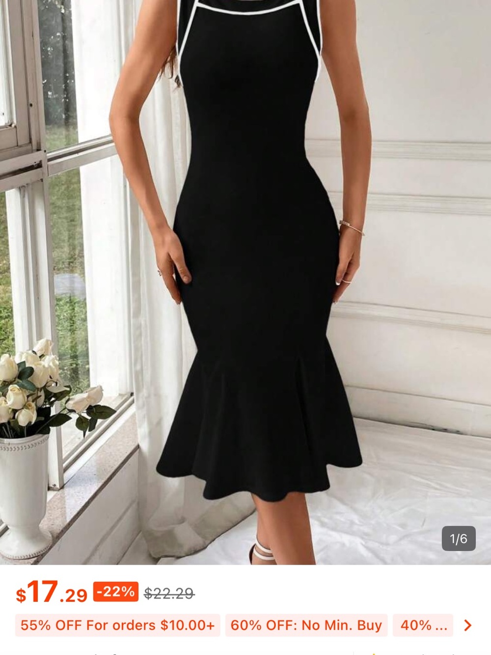 SHEIN Black Midi Mermaid Dress with White Trim